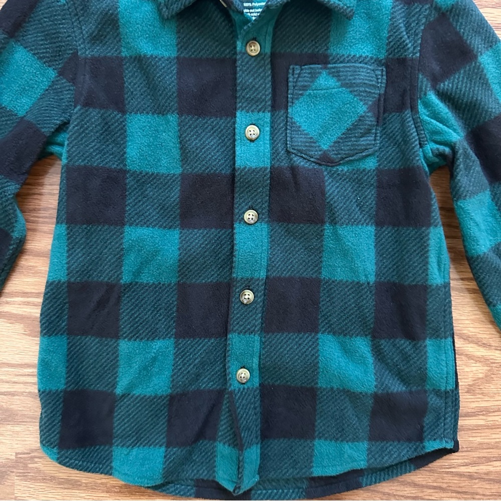 Jumping Beans Boys Size 5 Button Up Shirt Fleece Green Black Buffalo Plaid EUC! - Picture 4 of 7